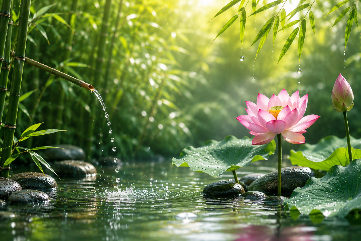 Calm lotus pond with soft natural light at Nice Massage