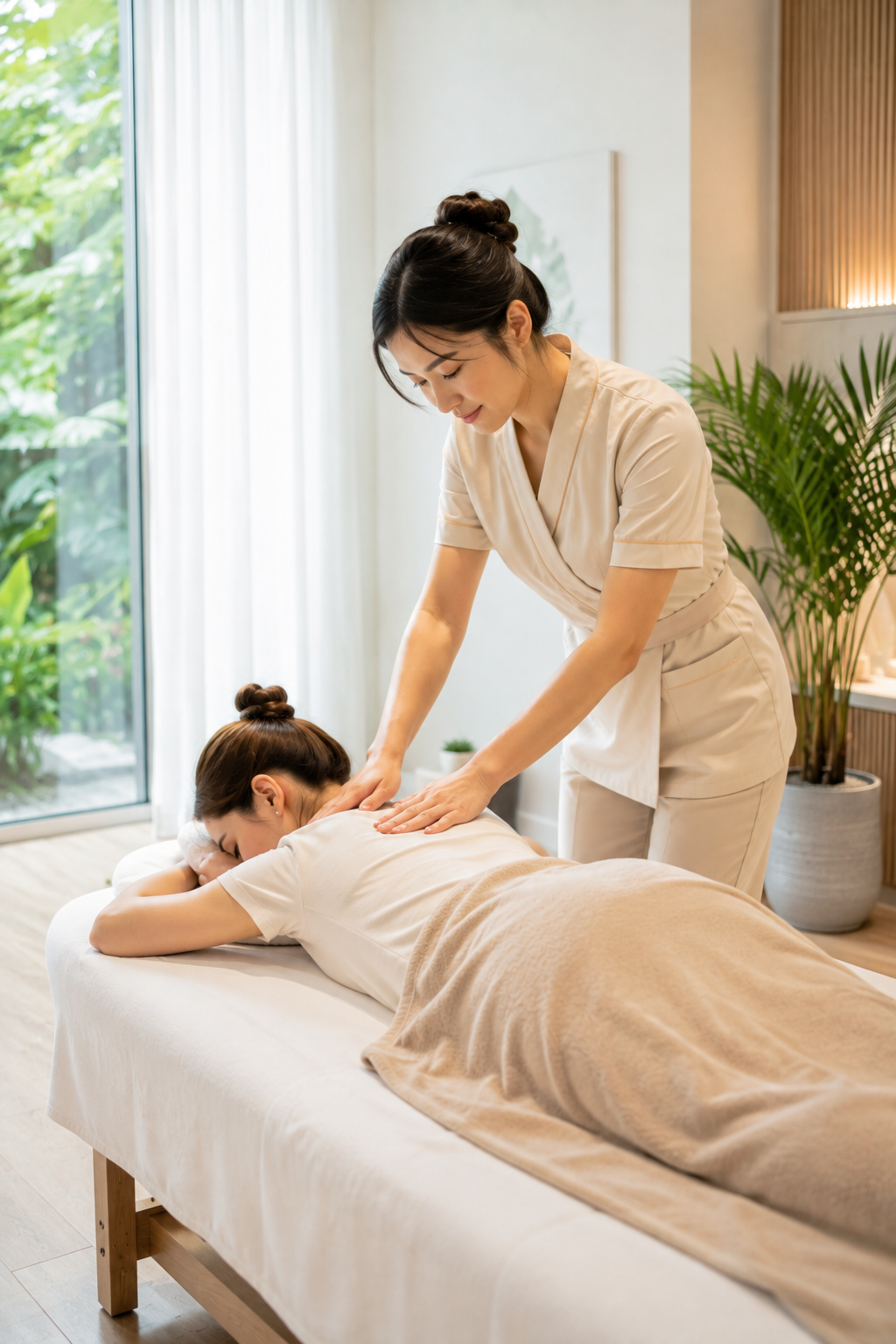 Comfortable massage table with clean linens
